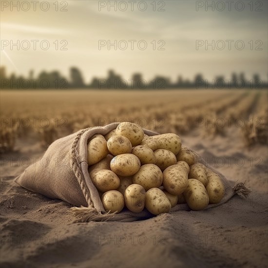Old sack with potatoes in natural and rustic environment