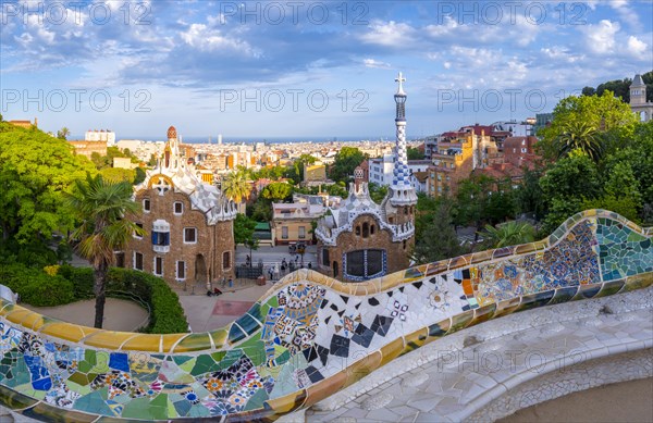Benches with colourful mosaic