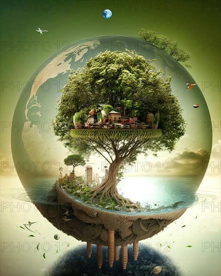 A glass sphere with a symbolic near-natural settlement in a tree above a city by the sea