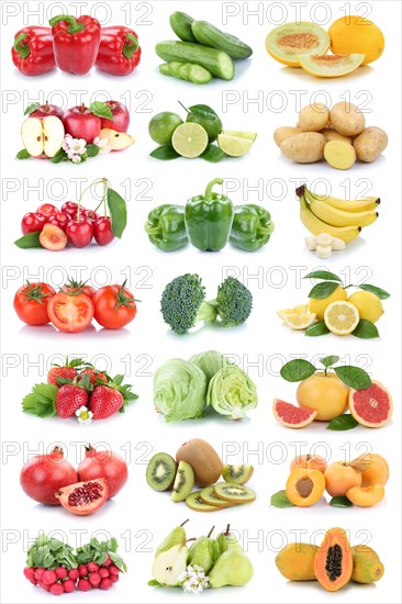 Fruit and vegetables Fruits with apple Lemon Tomatoes as collage background cropped isolated in Stuttgart