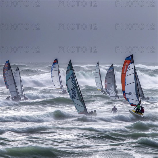 Windsurfer in stormy sea and wind