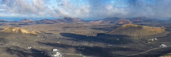Panorama from Montana de Guardilama to Montana Chupaderos and Montana Diama and the winegrowing area La Geria