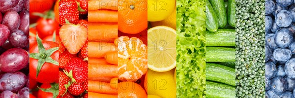 Fruit and vegetables background fresh fruits berries fruit salad panorama as collage in Stuttgart