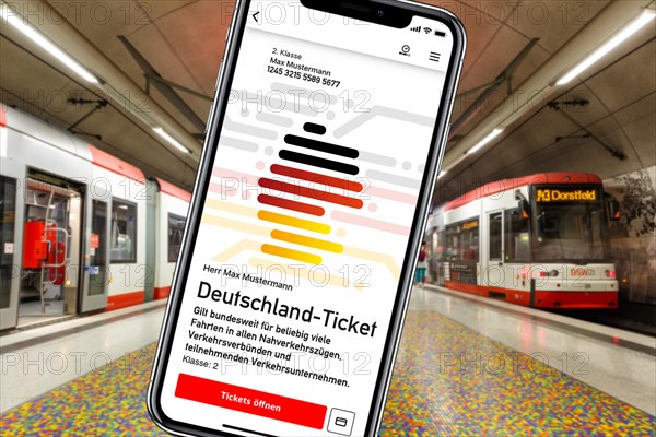 Germany ticket D-ticket or 49 euro ticket on a mobile phone with a light rail metro underground photo montage in Dortmund