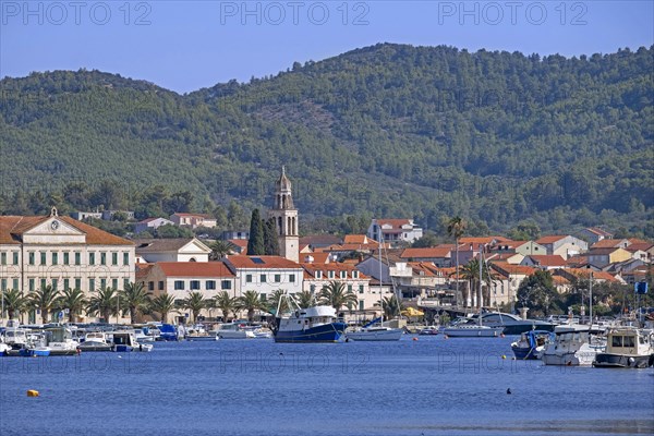 St. Joseph church and harbour of the little town Vela Luka on the island Kor? ula in the Adriatic Sea