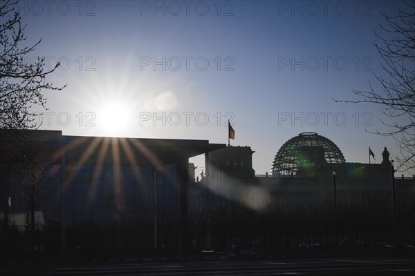 The Reichstag building and the Paul Loebe House taken in the morning in Berlin. 16.03.2022.