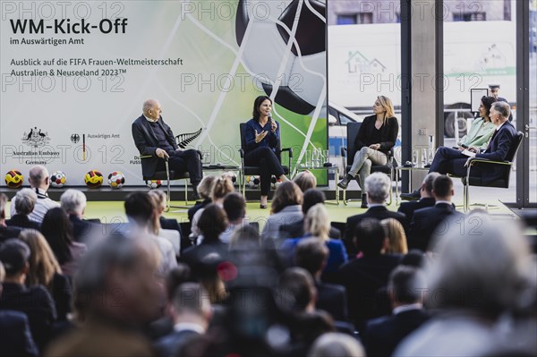 (L-R) Bernd Neuendorf, President of the DFB, Annalena Baerbock (Buendnis 90 Die Gruenen), Federal
