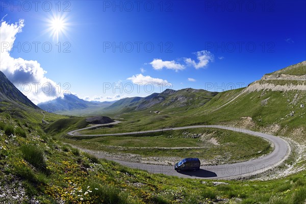 Motorhome driving on the Campo Imperatore pass road