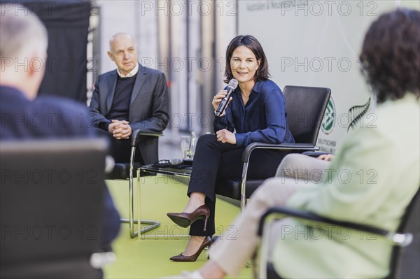 (L-R) Bernd Neuendorf, President of the DFB, Annalena Baerbock (Buendnis 90 Die Gruenen), Federal