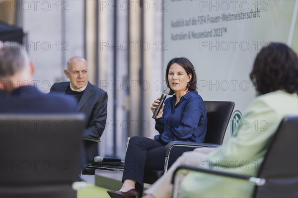 (L-R) Bernd Neuendorf, President of the DFB, Annalena Baerbock (Buendnis 90 Die Gruenen), Federal