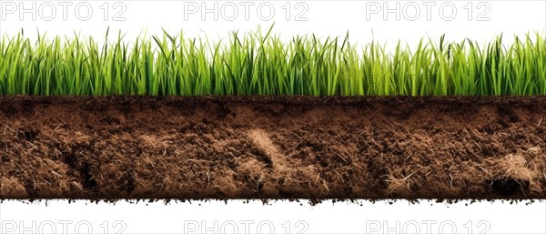 Seamless tileable row of fresh grass and soil on a white background