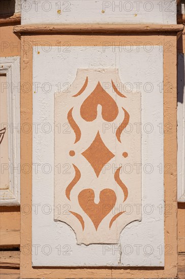 Cartouche with graphic patterns on a historic architecture in the city centre of Bad Frankenhausen