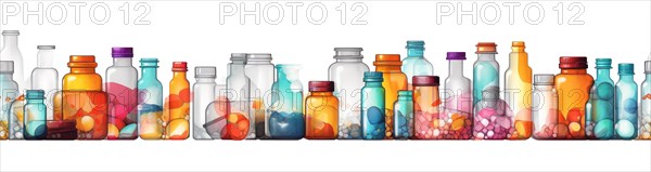 Seamless tileable rows of medicine and drug bottles with pills on a white background