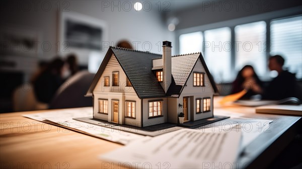 Small model house resting on real estate documents as buyers discuss their agreement