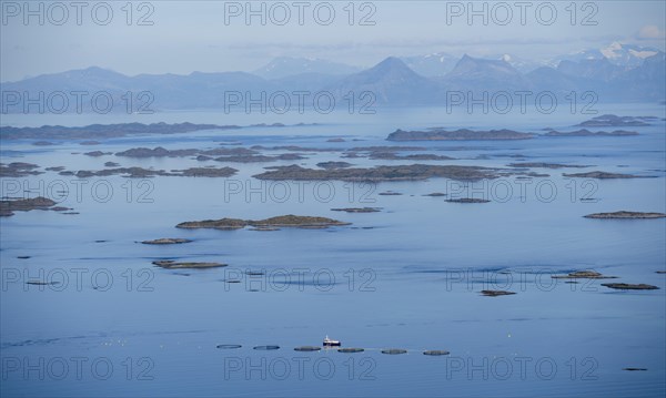 View of sea with archipelago islands from Svellingsflaket and mountains