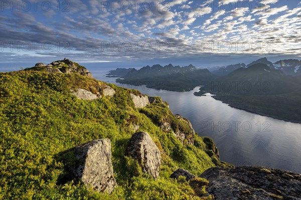 View of Fjord Raftsund and mountains in the evening light