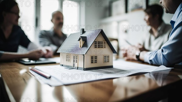 Small model house resting on real estate documents as buyers discuss their agreement