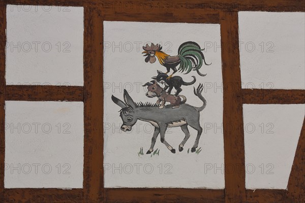 Half-timbered house with painting of the Bremen Town Musicians