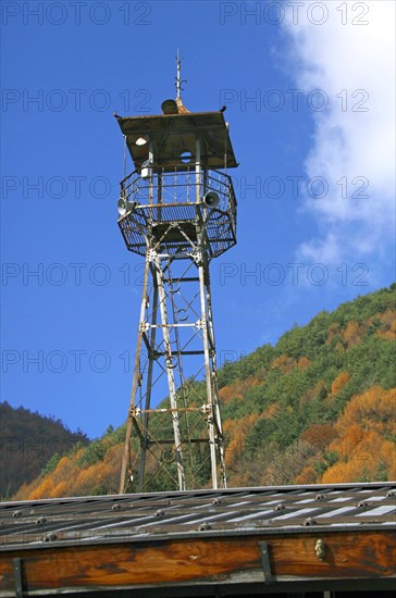 Fire lookout tower at Narai-juku traditional small town in Nagano Japan