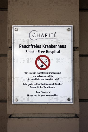 Smoke-free hospital sign on the wall of the Charite