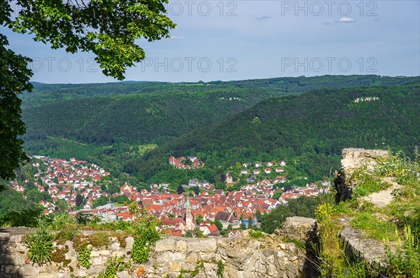 View from above over the small town of Bad Urach at the foot of the Swabian Alb