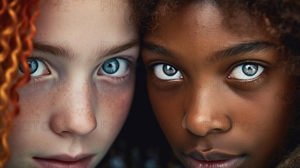 Dramatic close-up portrait of a redheaded girl and an african american girl cheek to cheek both with stunning blue eyes