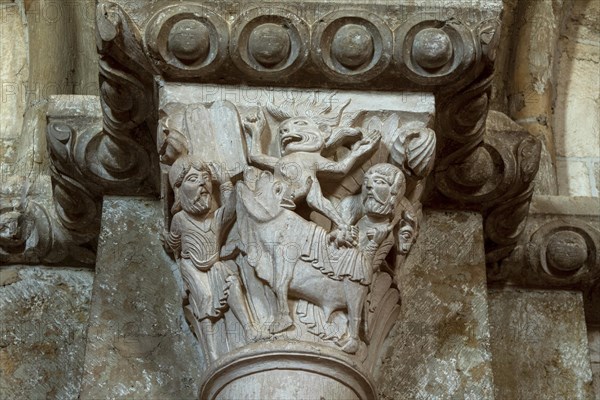 Vezelay labelled les Plus Beaux Villages de France. Sculptures atop the caoitals of Basilica St Mary Magdalene.Unesco World heritage. Morvan regional natural park. Via Lemovicensis way to Santiago de ...