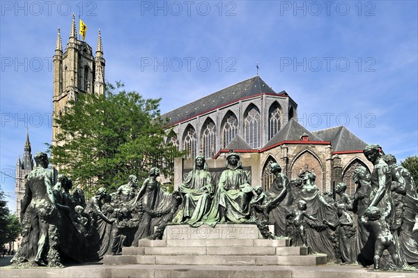 Monument in honour of the Van Eyck brothers and the Saint Bavo cathedral in Ghent