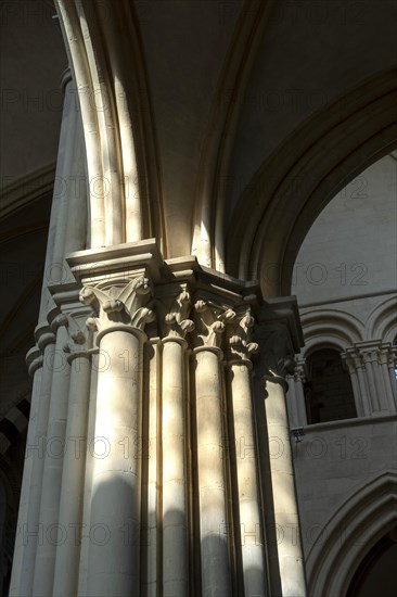 Vezelay labelled les Plus Beaux Villages de France. Columns lit by the rays of the sun. Basilica St Mary Magdalene.Unesco World heritage. Morvan regional natural park. Via Lemovicensis way to Santiago...