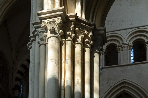 Vezelay labelled les Plus Beaux Villages de France. Columns lit by the rays of the sun. Basilica St Mary Magdalene.Unesco World heritage. Morvan regional natural park. Via Lemovicensis way to Santiago...
