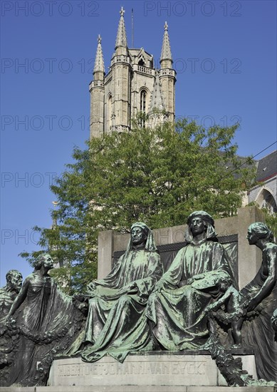 Monument in honour of the Van Eyck brothers and the Saint Bavo cathedral in Ghent