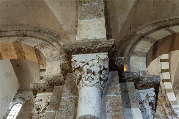 Vezelay labelled les Plus Beaux Villages de France. Sculptures atop the caoitals of Basilica St Mary Magdalene.Unesco World heritage. Morvan regional natural park. Via Lemovicensis way to Santiago de ...