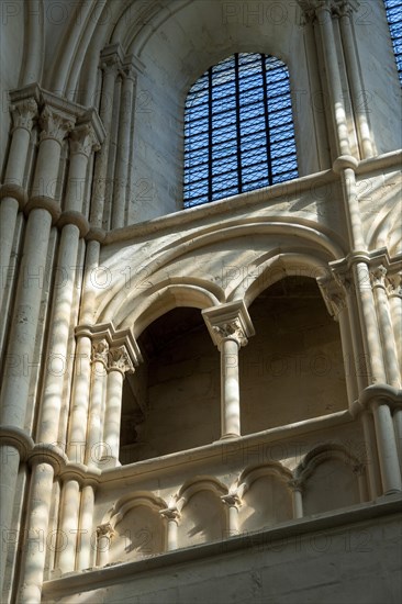 Vezelay labelled les Plus Beaux Villages de France. Columns lit by the rays of the sun. Basilica St Mary Magdalene.Unesco World heritage. Morvan regional natural park. Via Lemovicensis way to Santiago...