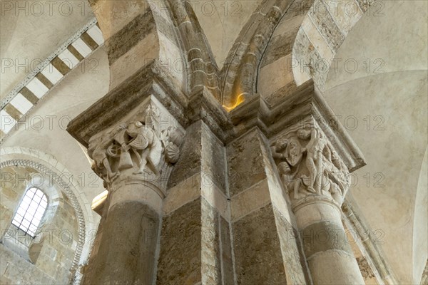 Vezelay labelled les Plus Beaux Villages de France. Sculptures atop the caoitals of Basilica St Mary Magdalene.Unesco World heritage. Morvan regional natural park. Via Lemovicensis way to Santiago de ...
