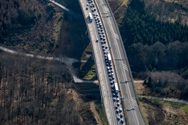 Traffic jam on the section of the BAB 45 just in front of the Rahmede viaduct. The bridge is closed to all traffic due to damage. North Rhine-Westphalia