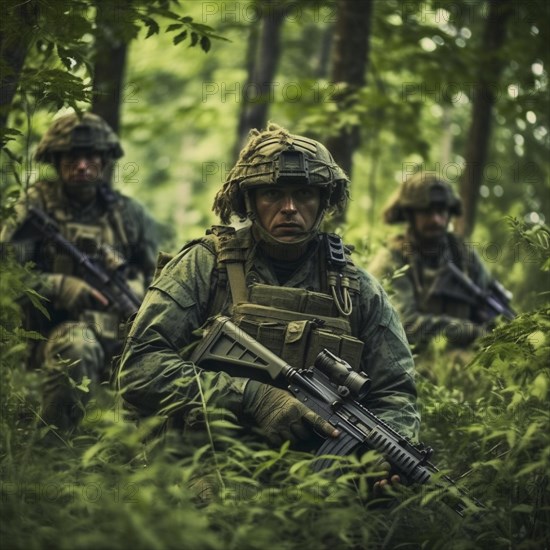 Soldiers with full combat gear in the battlefield