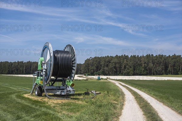 Mobile pumping station for agricultural irrigation at a well in the Donaumoos in Upper Bavaria