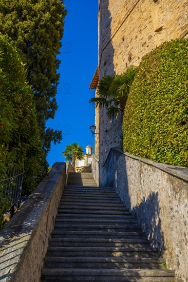 Staircase to Church Oratory of S. Antonio da Padova in Santa Maria del Sasso Against Blue Clear Sky on Mountain in a Sunny Day in Morcote
