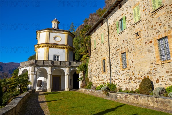 Church Oratory of S. Antonio da Padova in Santa Maria del Sasso Against Blue Clear Sky on Mountain in a Sunny Day in Morcote