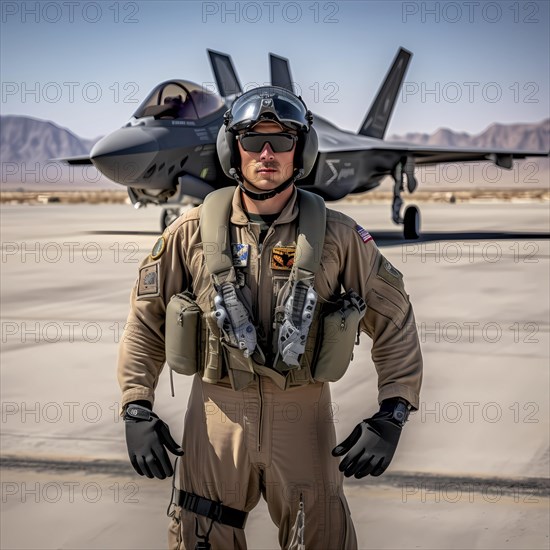 Young proud pilot stands in front of his F 35 fighter plane
