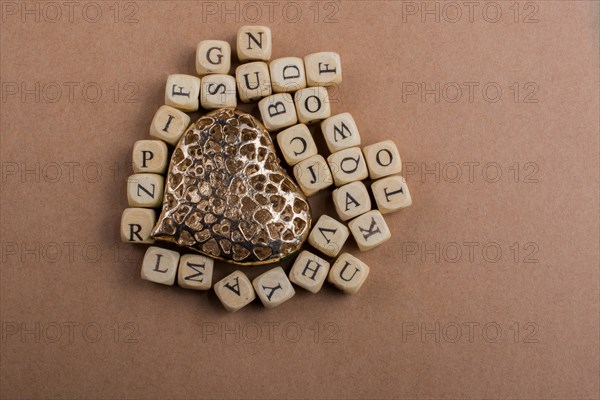 Metal Love icon and Letter cubes of made of wood
