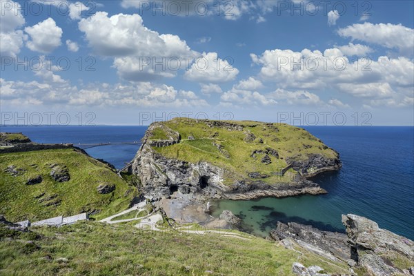 Spectacular cliffs overlooking the peninsula with the ruins of Tintagel Castle