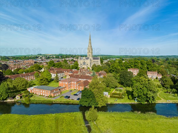 Aerial panorama of the city of Salisbury with Salisbury Cathedral and the River Avon