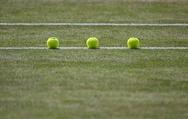 Three tennis balls lie on grass