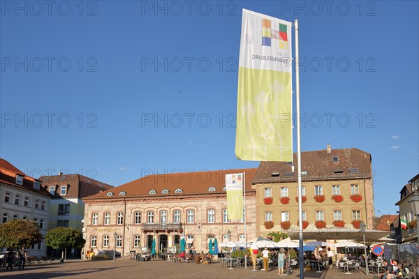 Market place with town flag and street pub