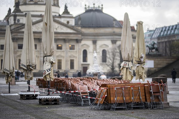 Assembled furniture for catering stands cordoned off at the Gendarmenmarkt in Berlin
