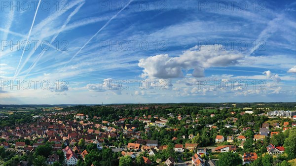 Aerial view of Feuchtwangen with a view of the historic centre of the old town. Feuchtwangen