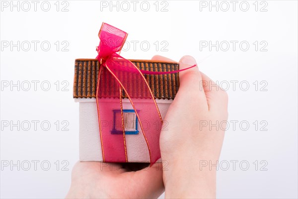 Hand holding a model house with a pink ribbon