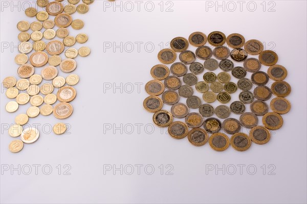 Turkish Lira coins together shape a round circle form on white background
