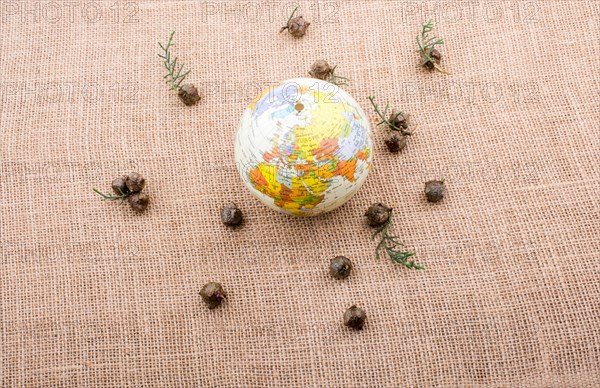 Globe is placed on canvas with cones around